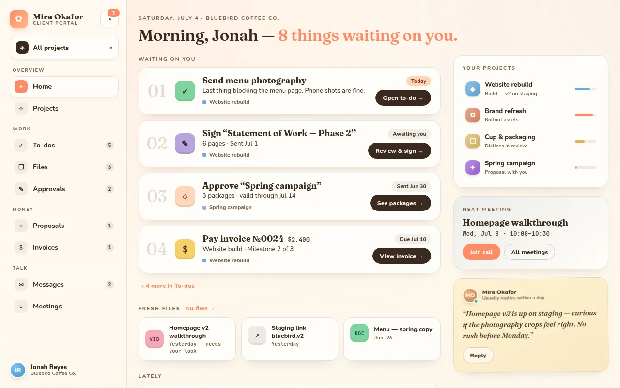 The Meadow Desk client portal home view, showing what is waiting on the client